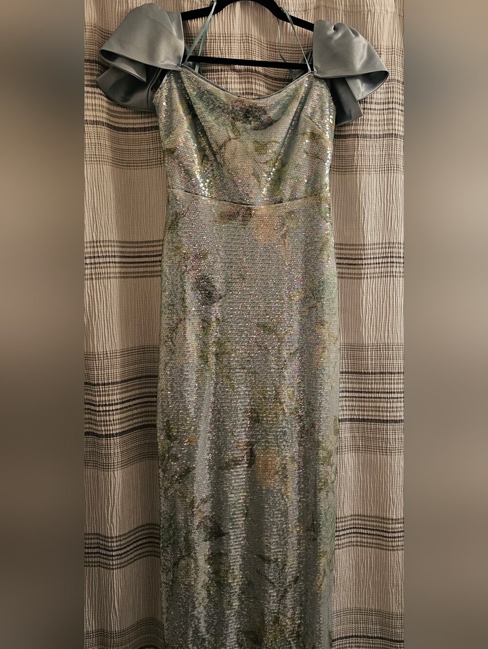 City Studio Light Blue-Sequin Maxi Gown with Puff Shoulder w/ Bow Detail